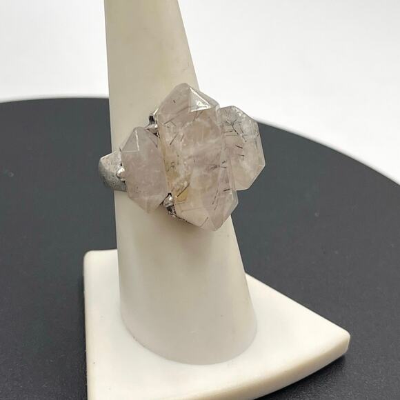 Artisan Handmade Silver Rutilated Or Tourmalinated Quartz Stone Ring Sz 7 1/4 - Picture 1 of 9